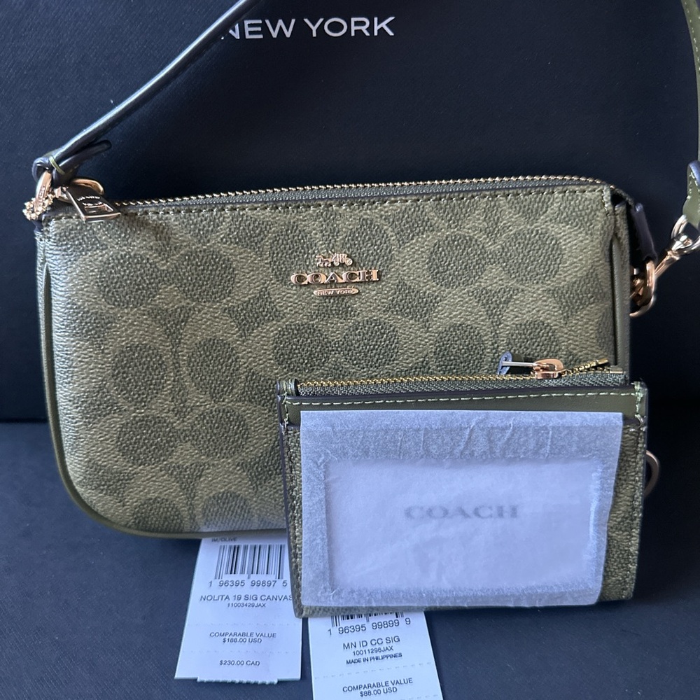 Coach Bundle!! Nolita 19 and Mini Skinny Id Case In Signature Canvas Gold/Olive - Picture 3 of 7